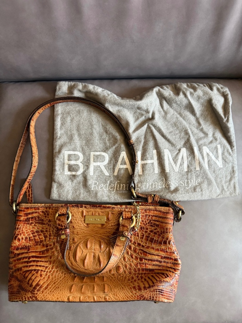 Vintage Brahmin Croc Embossed Cognac Brown Shoulder Satchel